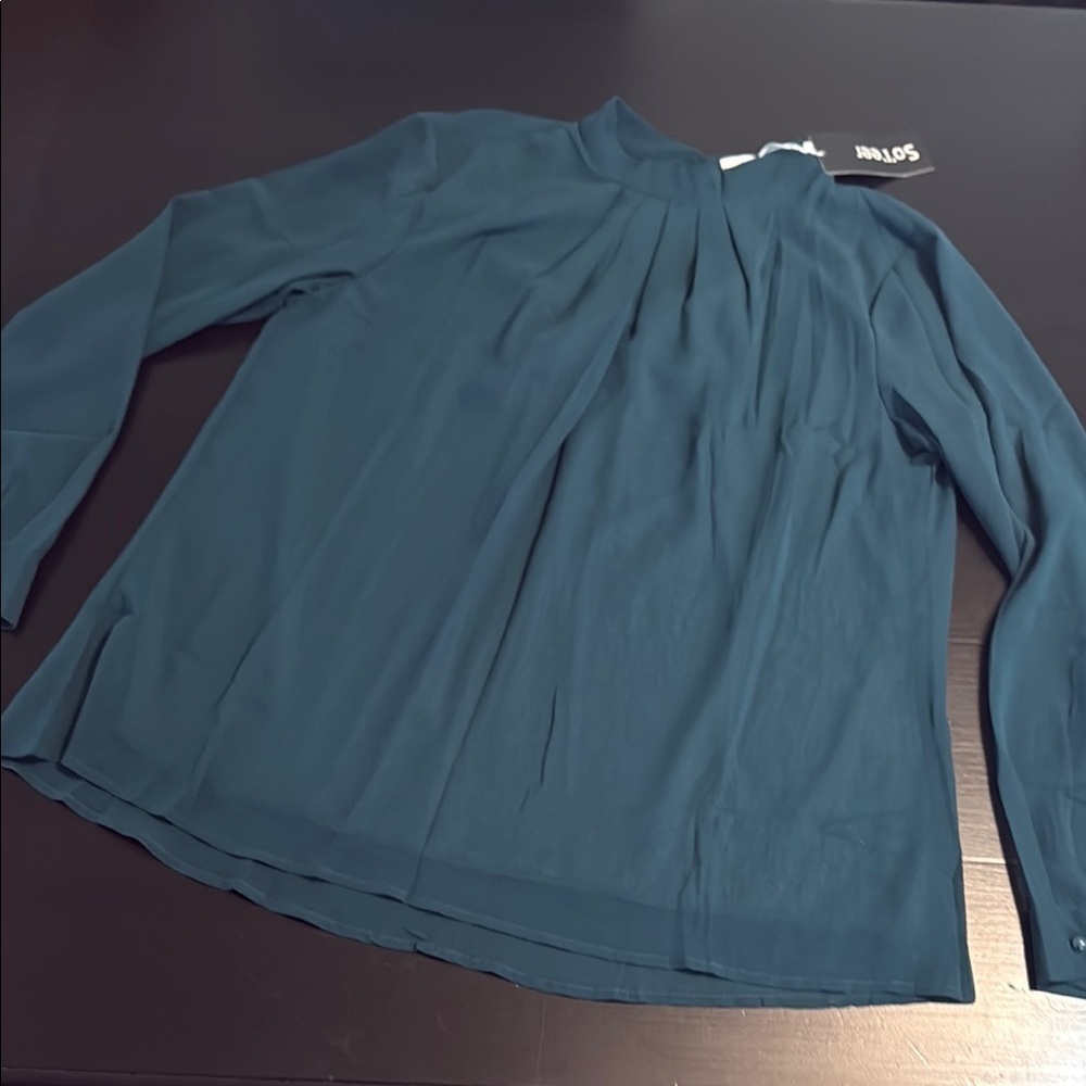 SoTeer Womens Teal Mock Neck Pleated‎ Blouse Long Sleeve Top XL New